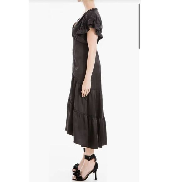NWT Max Studio Flutter Sleeve Satin Midi Dress in Black. Size XS - Picture 2 of 14